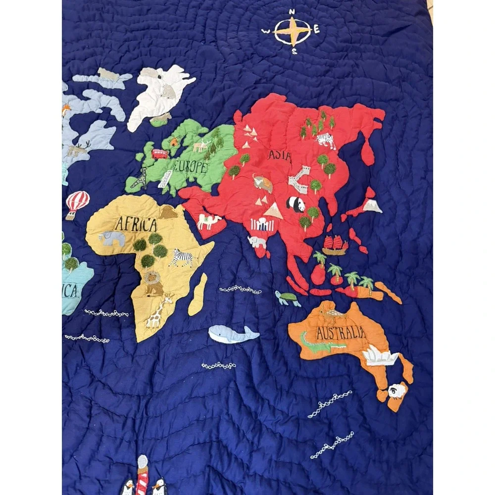 Pottery Barn Kids World Map Quilt Twin Navy Blue Continents Shams RARE